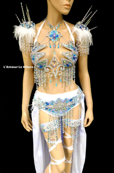 Frozen Ice Queen Elsa Icicle Crown Samba Cage Bra top LED Skirt and Thigh Garters