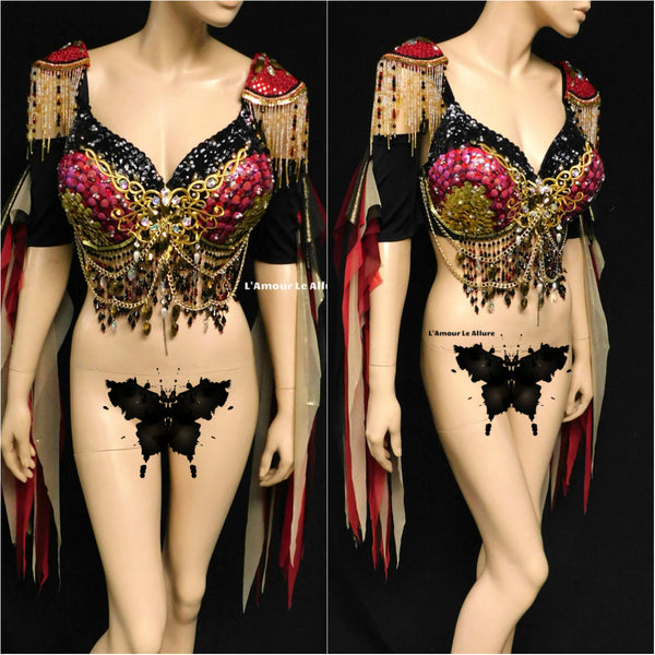 Royal Gold Black and Red Sequin Scale Mermaid Top Dance Costume Halloween