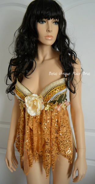 Golden Olive Goddess Fairy Mother of Nature Rave Bra Baby Doll Dress Halloween Costume