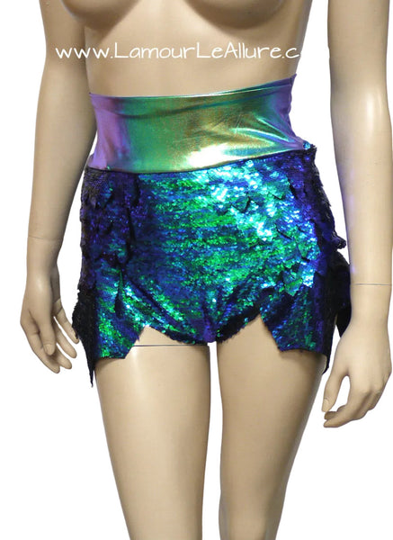 Princess Ariel Inspired Iridescent Green Dragon Scale Mermaid High Waisted Sequin Shorts with Band