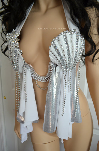 White Diamond Plunge Mermaid Shell Dance Costume Rave Bra Halloween