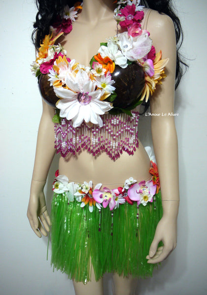 Tropical Hula Girl Coconut Flower Bra and Green Grass Skirt