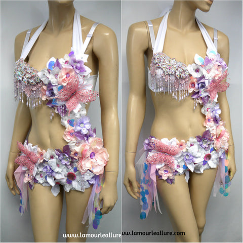 Iridescent Unicorn Pink and Purple Flower Fairy Monokini Costume Dance Rave Halloween