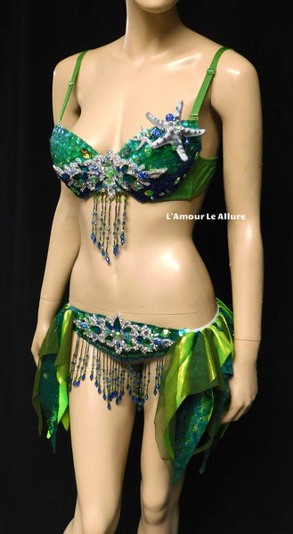 Green Blue and Silver Sequin Scale Mermaid Bra and Skirt