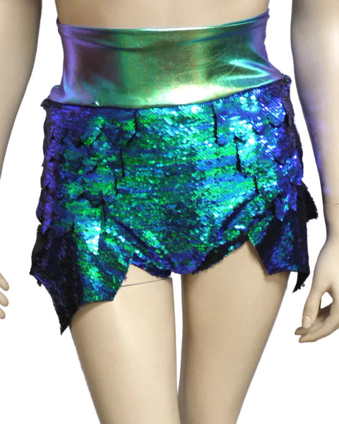 Princess Ariel Inspired Iridescent Green Dragon Scale Mermaid High Waisted Sequin Shorts with Band