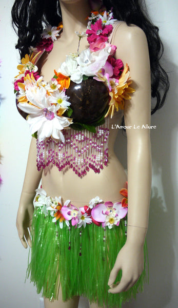 Tropical Hula Girl Coconut Flower Bra and Green Grass Skirt