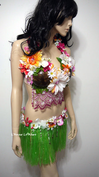 Tropical Hula Girl Coconut Flower Bra and Green Grass Skirt