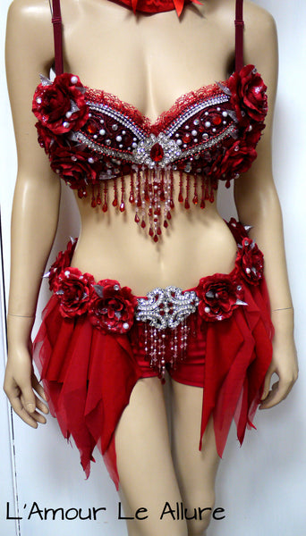 Red Rose Glitter Fairy Rave Bra and Skirt Shorts Halloween Dance Costume