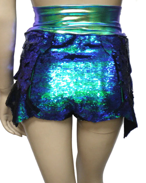 Princess Ariel Inspired Iridescent Green Dragon Scale Mermaid High Waisted Sequin Shorts with Band