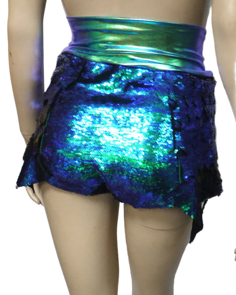 Princess Ariel Inspired Iridescent Green Dragon Scale Mermaid High Waisted Sequin Shorts with Band