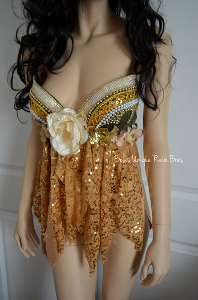 Golden Olive Goddess Fairy Mother of Nature Rave Bra Baby Doll Dress Halloween Costume