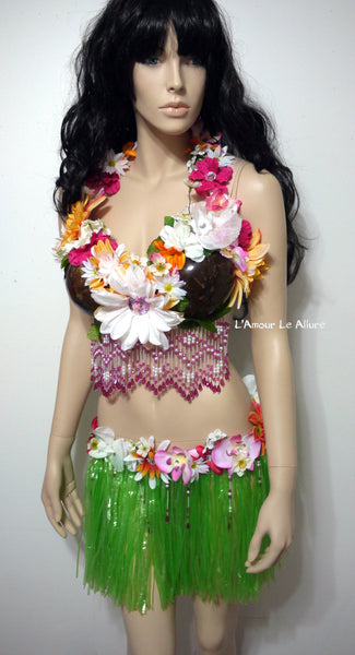 Tropical Hula Girl Coconut Flower Bra and Green Grass Skirt