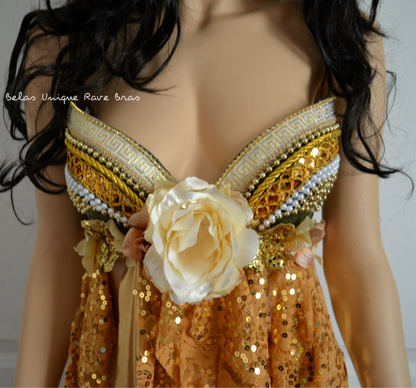 Golden Olive Goddess Fairy Mother of Nature Rave Bra Baby Doll Dress Halloween Costume