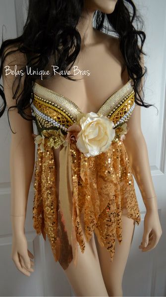 Golden Olive Goddess Fairy Mother of Nature Rave Bra Baby Doll Dress Halloween Costume