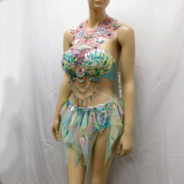 Holographic Pastel Rainbow Flower Fairy Bra and Bottom Costume Dance Rave Halloween