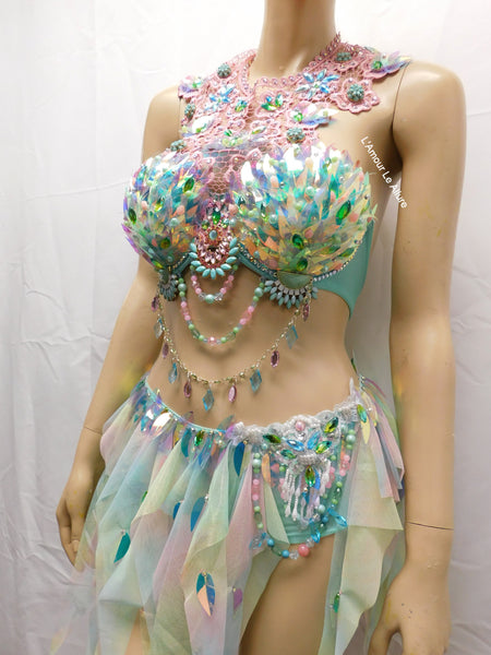 Holographic Pastel Rainbow Flower Fairy Bra and Bottom Costume Dance Rave Halloween