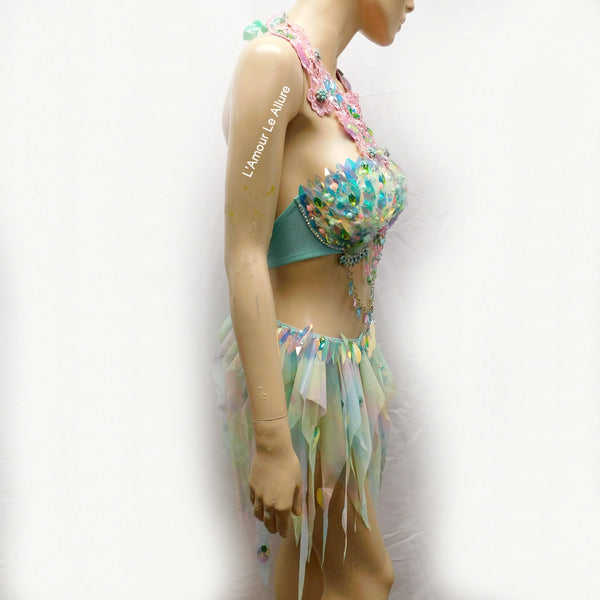 Holographic Pastel Rainbow Flower Fairy Bra and Bottom Costume Dance Rave Halloween