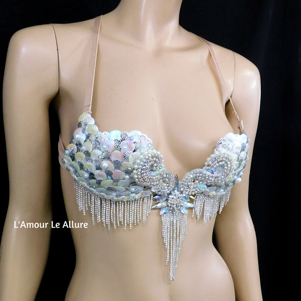 Iridescent White Sequin Scale Mermaid Plunge Dance Costume Rave Bra Halloween