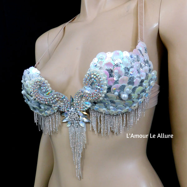 Iridescent White Sequin Scale Mermaid Plunge Dance Costume Rave Bra Halloween