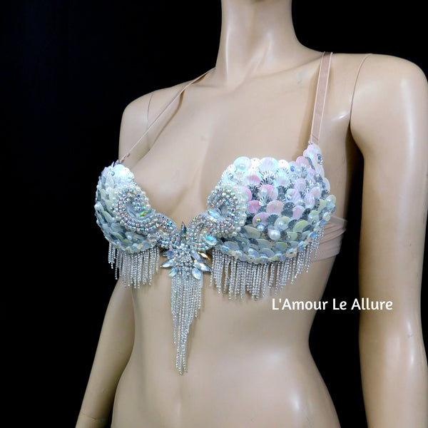 Iridescent White Sequin Scale Mermaid Plunge Dance Costume Rave Bra Halloween