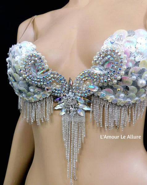 Iridescent White Sequin Scale Mermaid Plunge Dance Costume Rave Bra Halloween