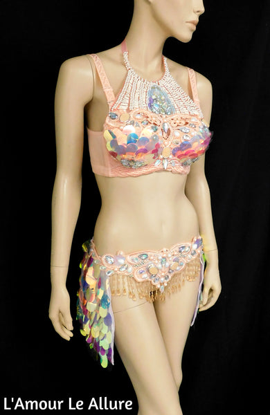 Ready to Ship 34C/36B Peach Mermaid Lace Top and Iridescent Sequin Skirt