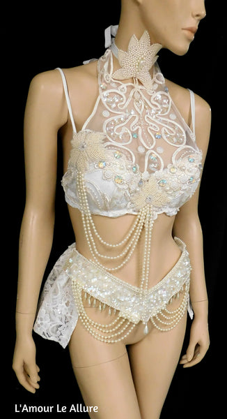 Dripping in Pearls White Lace Bra and Skirt Dance Costume Rave Halloween