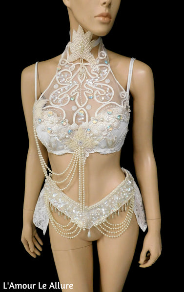 Dripping in Pearls White Lace Bra and Skirt Dance Costume Rave Halloween