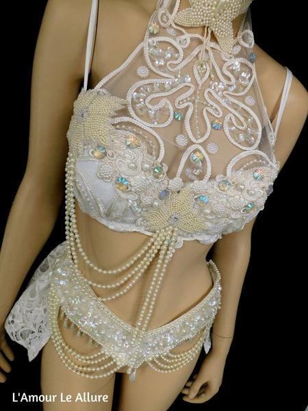 Dripping in Pearls White Lace Bra and Skirt Dance Costume Rave Halloween