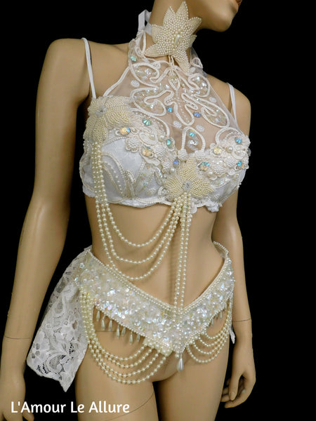 Dripping in Pearls White Lace Bra and Skirt Dance Costume Rave Halloween