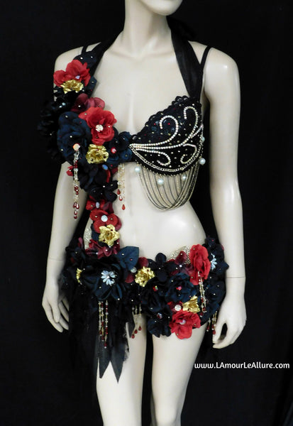 Elegant Burgundy Red Gold and Black Goth Fairy Monokini Dress