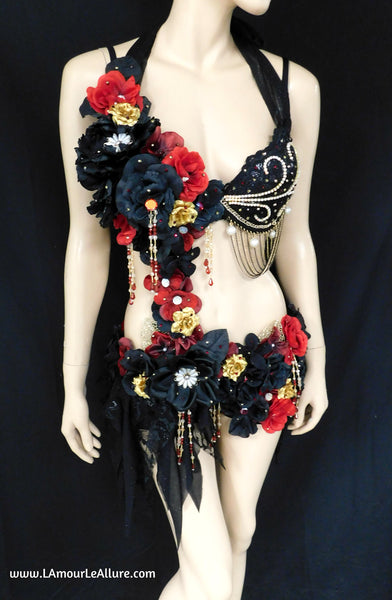 Elegant Burgundy Red Gold and Black Goth Fairy Monokini Dress