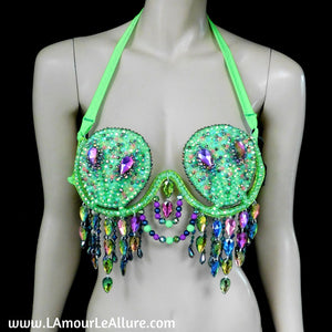 Light Up LED Neon Green Two Headed Alien Samba Carnival Rhinestone Top