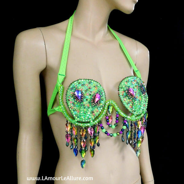 Light Up LED Neon Green Two Headed Alien Samba Carnival Rhinestone Top