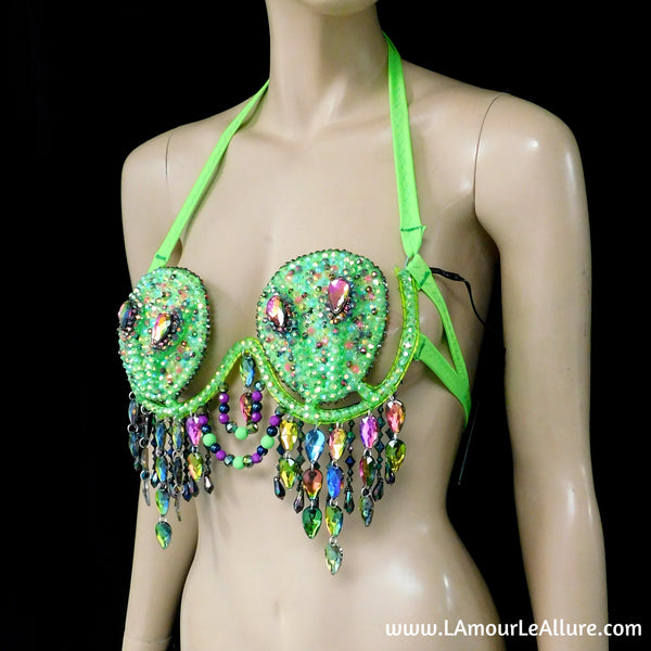 Light Up LED Neon Green Two Headed Alien Samba Carnival Rhinestone Top