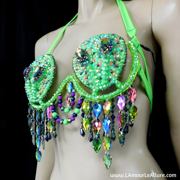 Light Up LED Neon Green Two Headed Alien Samba Carnival Rhinestone Top