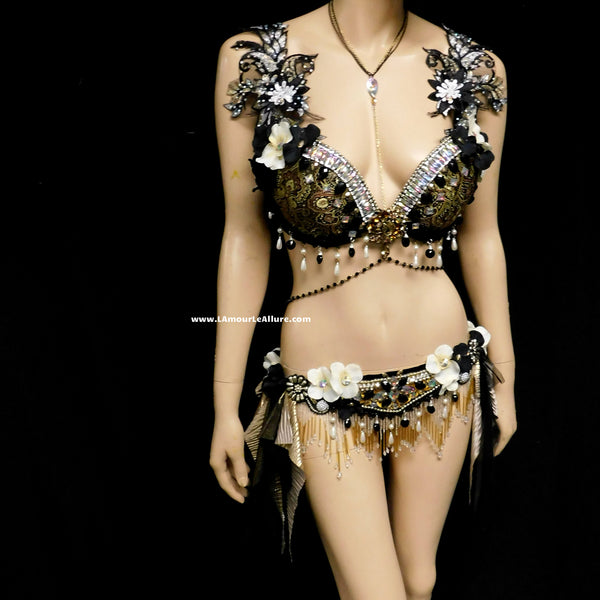 Black and Gold Gypsy Forest Fairy Dance Chain Rave Bra and Skirt Halloween Costume