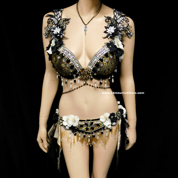 Black and Gold Gypsy Forest Fairy Dance Chain Rave Bra and Skirt Halloween Costume