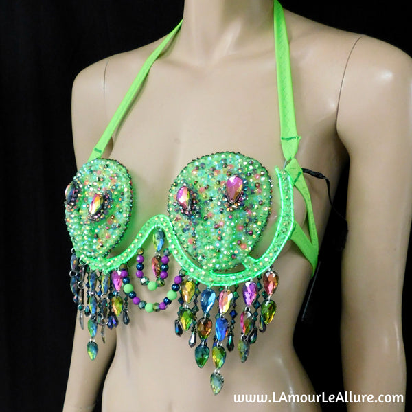 Light Up LED Neon Green Two Headed Alien Samba Carnival Rhinestone Top