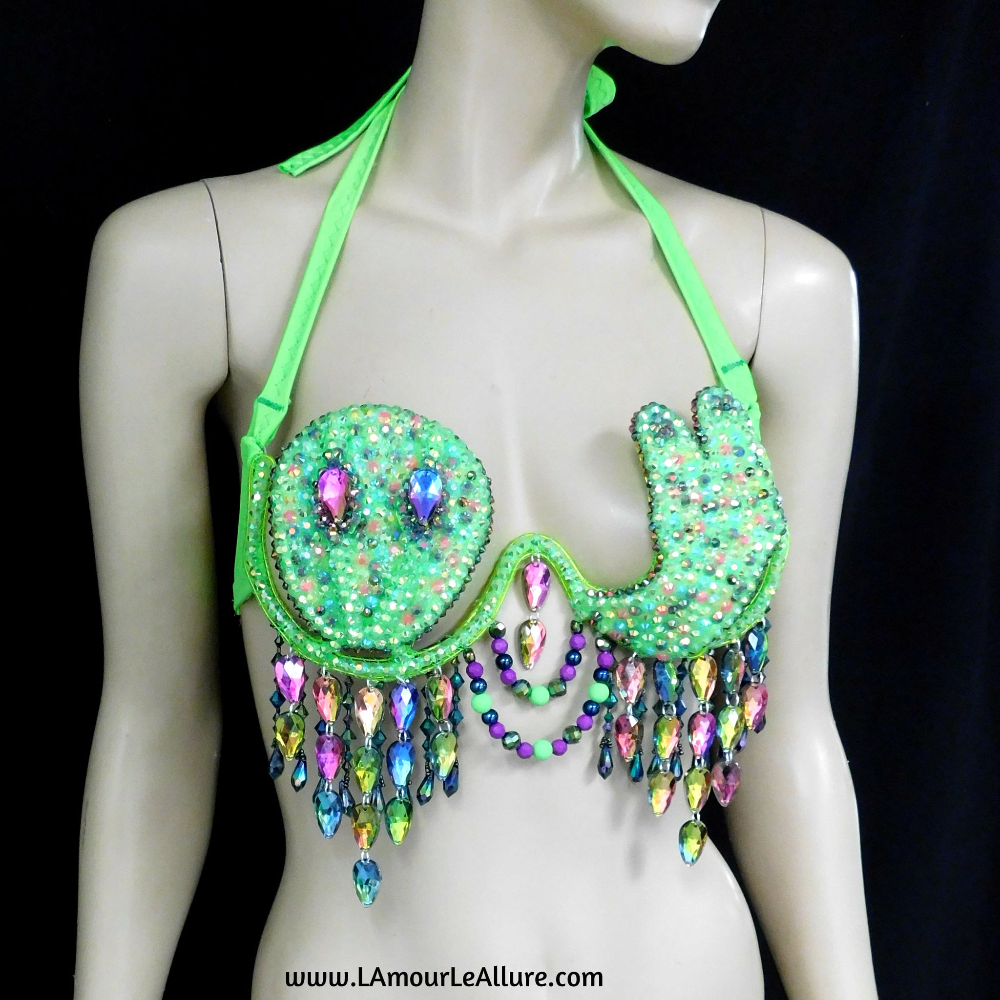 Light Up LED Neon Green Peace Alien Carnival Rhinestone Top