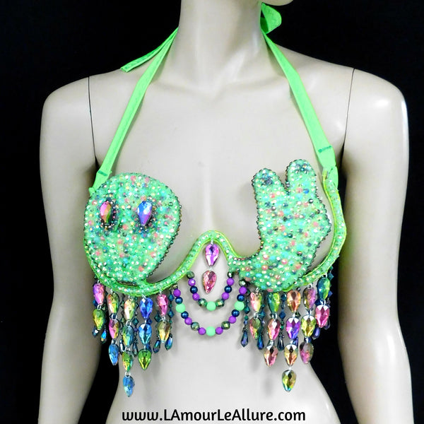 Light Up LED Neon Green Peace Alien Carnival Rhinestone Top