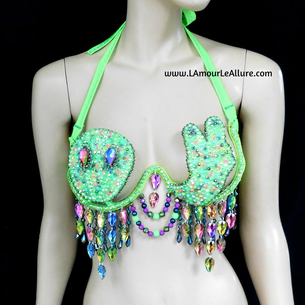 Light Up LED Neon Green Peace Alien Carnival Rhinestone Top