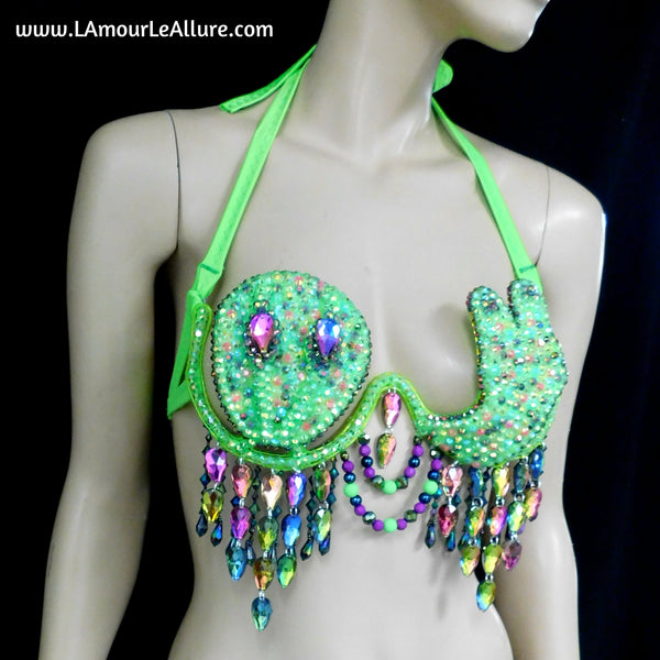 Light Up LED Neon Green Peace Alien Carnival Rhinestone Top