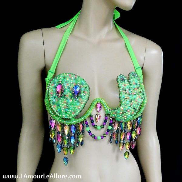 Light Up LED Neon Green Peace Alien Carnival Rhinestone Top