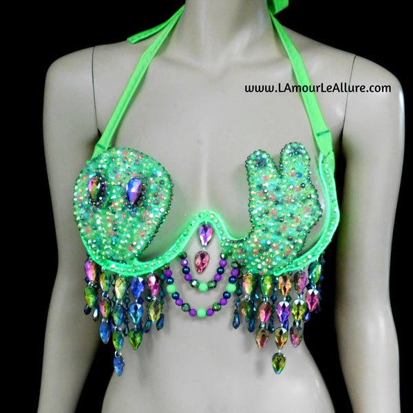 Light Up LED Neon Green Peace Alien Carnival Rhinestone Top