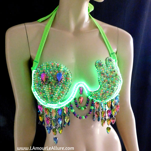 Light Up LED Neon Green Peace Alien Carnival Rhinestone Top