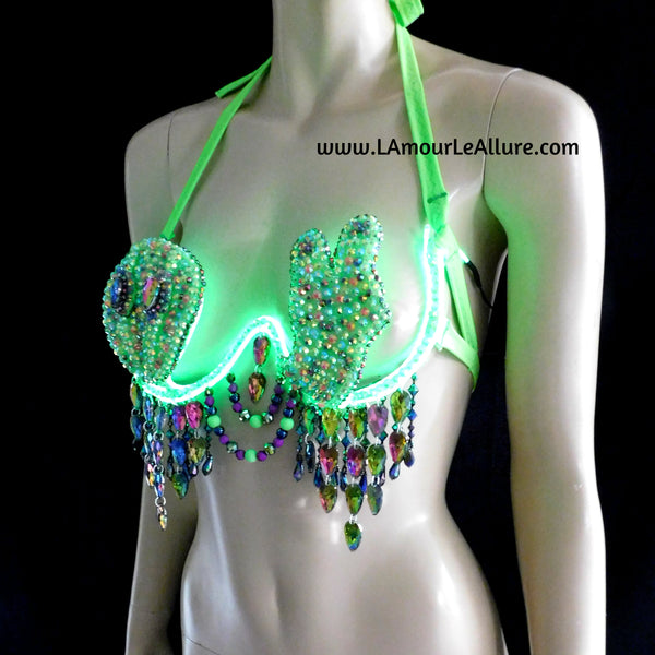 Light Up LED Neon Green Peace Alien Carnival Rhinestone Top