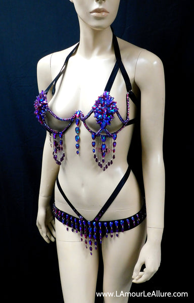 Dark Pink Blue Cotton Candy Rihanna Diamond Carnival Samba Rhinestone Top and Bottom