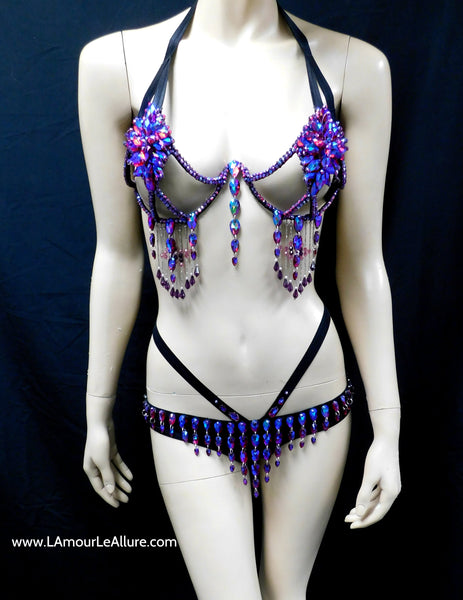 Dark Pink Blue Cotton Candy Rihanna Diamond Carnival Samba Rhinestone Top and Bottom