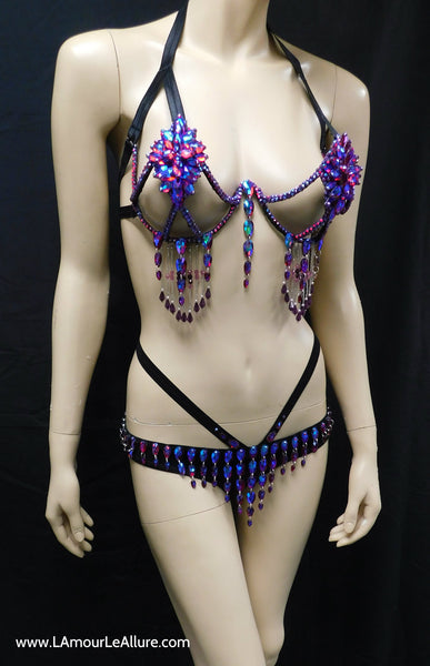 Dark Pink Blue Cotton Candy Rihanna Diamond Carnival Samba Rhinestone Top and Bottom